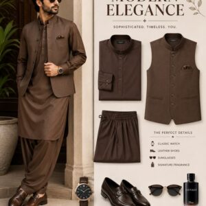 Premium Men's Brown Shalwar Kameez with Waistcoat | Traditional Pakistani Formal Wear